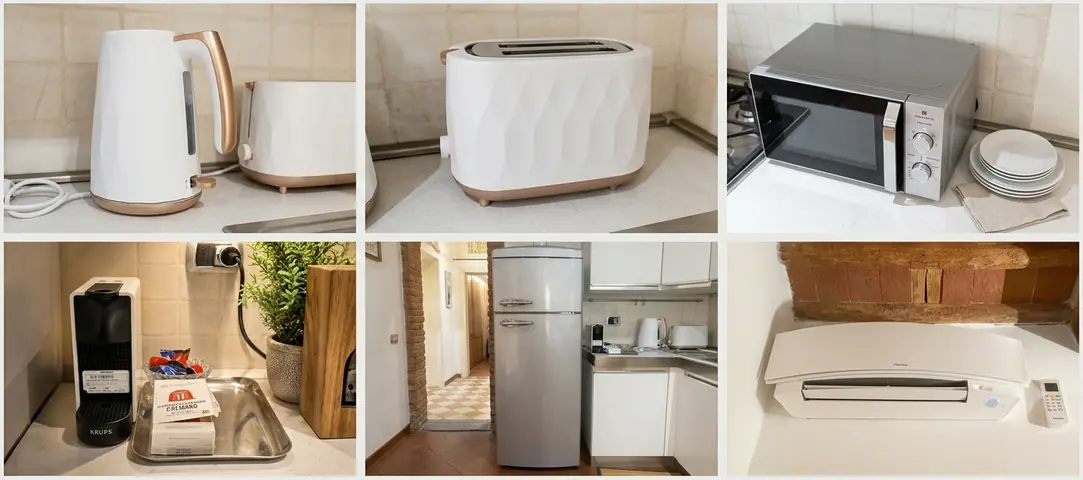 Gli elettrodomestici a disposizione: bollitore, tostapane, forno a microonde, macchina del caffè, frigorifero e climatizzatore