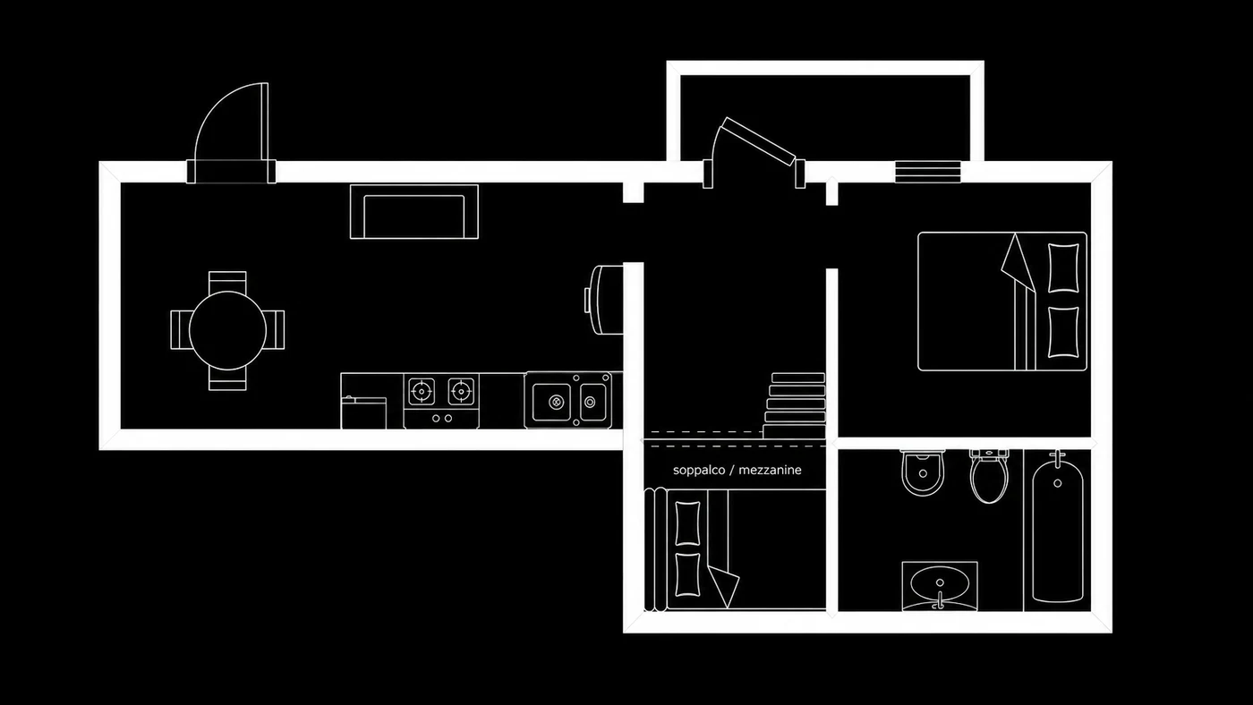 Planimetria stilizzata dell'appartamento: soggiorno con angolo cottura, camera matrimoniale, bagno, terrazzo e soppalco con seconda camera